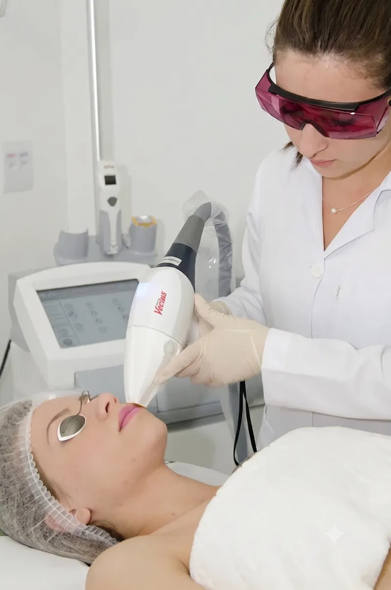 Profissional da Definity Laser aplicando o Laser Vectus no rosto de uma cliente